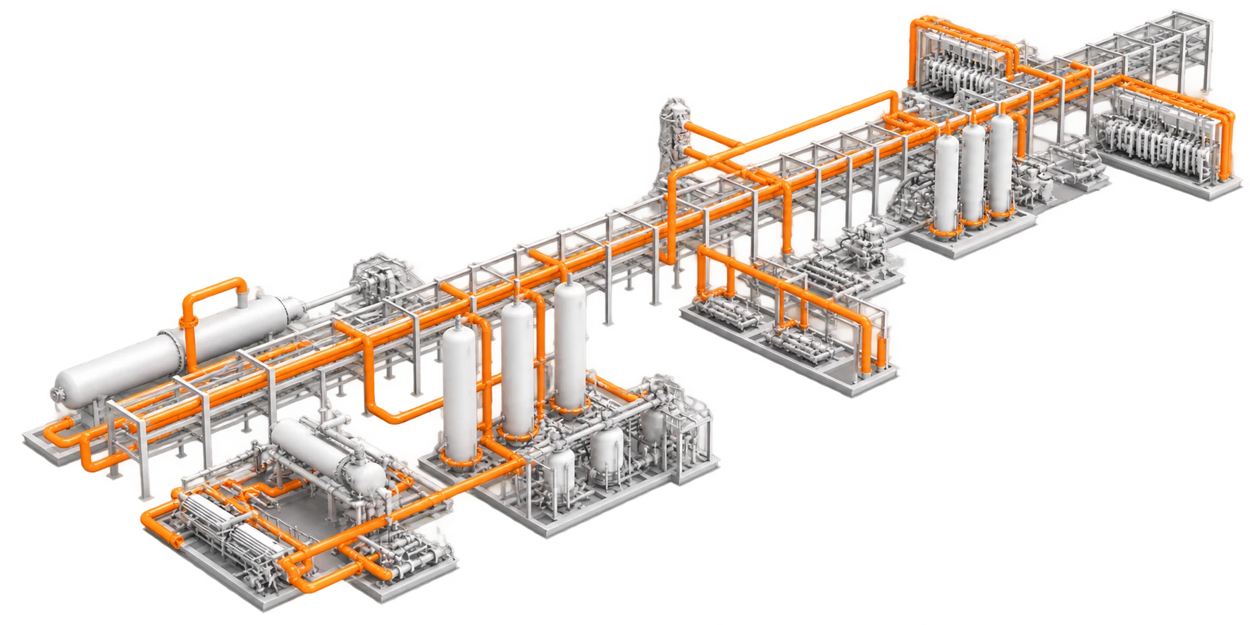 Isometric rendering of a chemical plant with the affected process path highlighted in orange